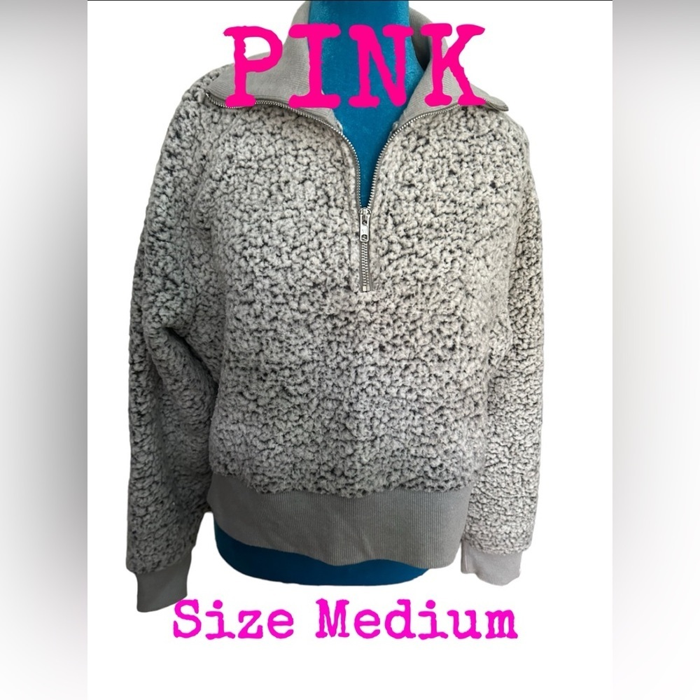 Pink Victoria Secret Gray cropped fuzzy sherpa fleece pull over sweat shirt top